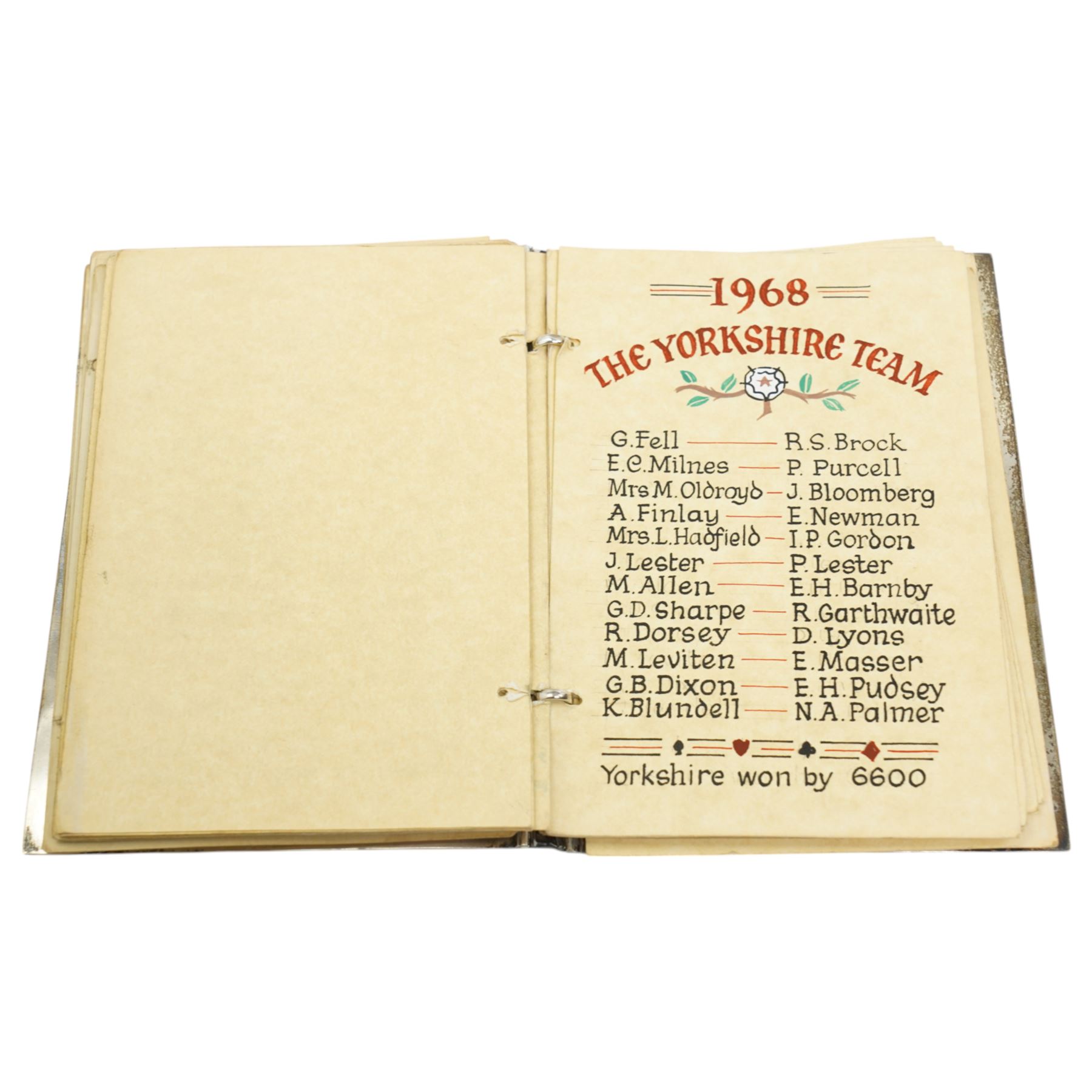 'The Roses County Contract Bridge Match, Yorkshire V Lancashire presented by Capt. G Fell 1936 for a record of the teams' - A silver booklet decorated with enamel roses containing hand drawn lists of the teams 1936 together with other team lists 1955-1984 15cm x 10cm Birmingham 1936 Maker S Blackensee & Son Ltd