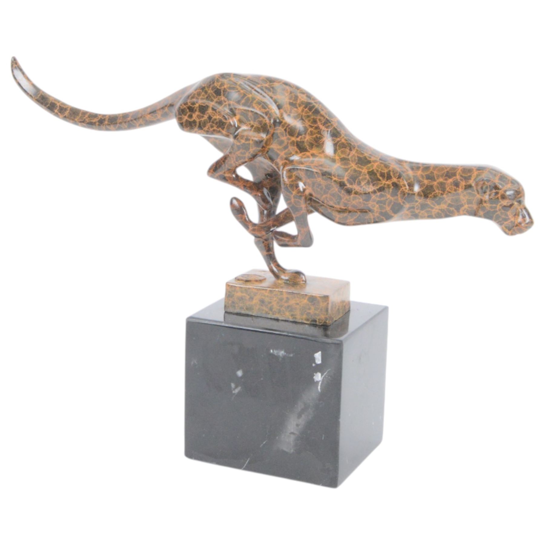 Bronze two toned figure of running cheetah, upon a rectangular marble base, signed and with foundry mark, H20cm 