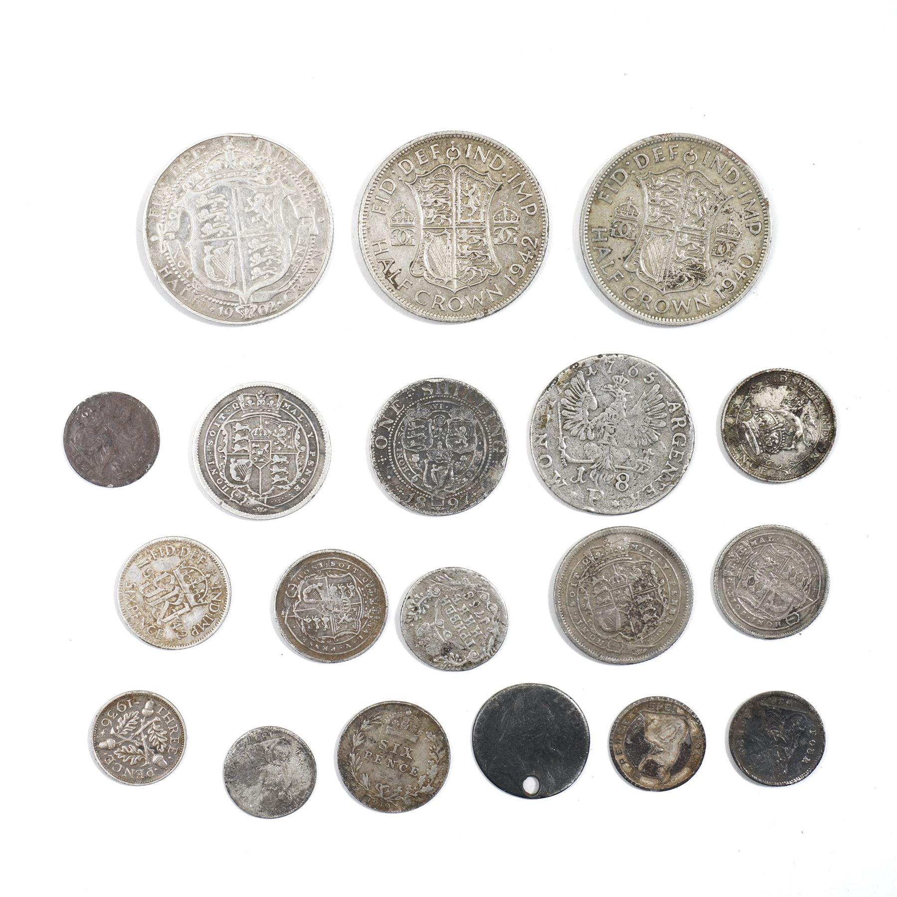 Collection of George III and later silver coinage including George III 1816 and 1818 silver shilling, Frederick II the Great 1765 six-Groschen, Catherine II 1768 Grivennik coin and others (19)