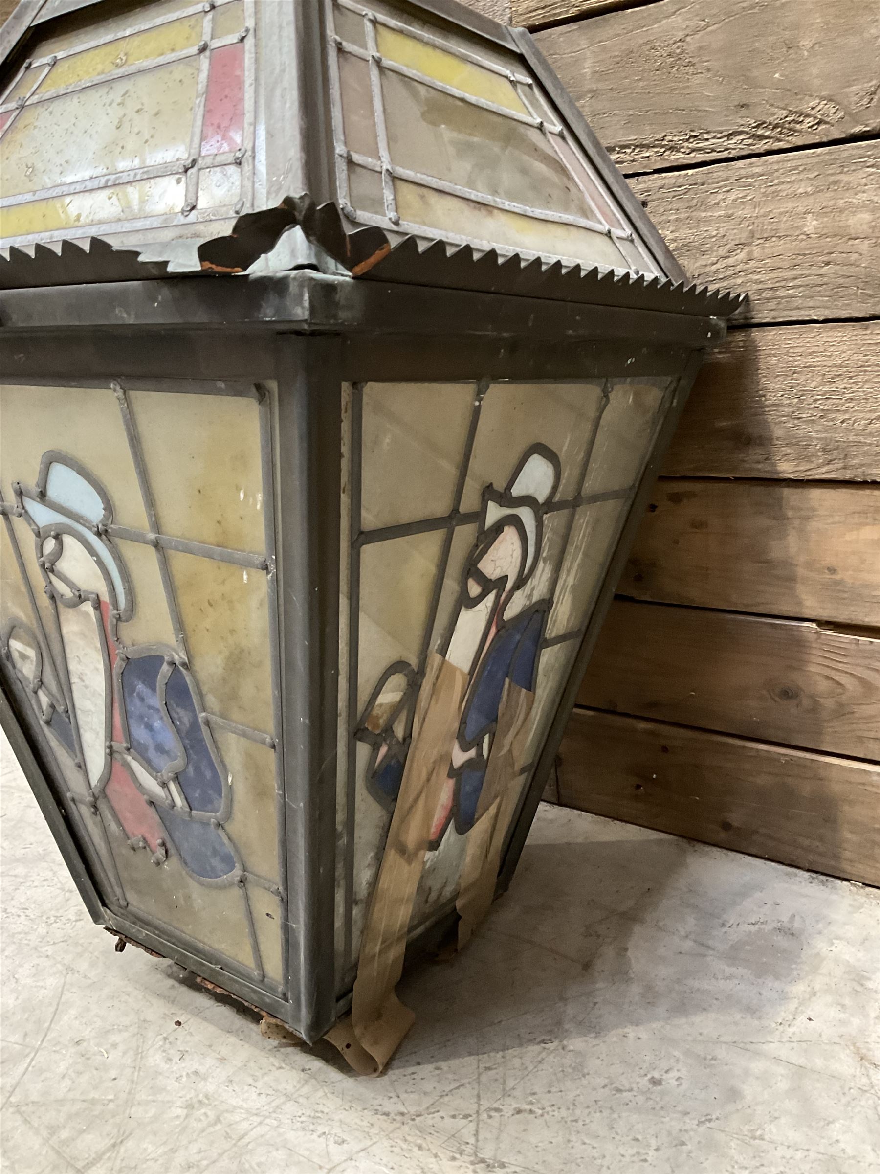 William Younger copper pub advertising lantern with stained glass panels, H75cm