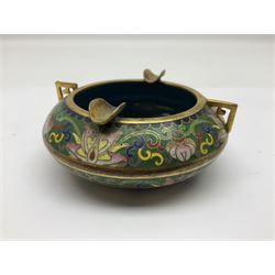 20th century Chinese cloisonne enamel smoking set, comprising two ashtrays, box and tray, with floral and foliate scrolling on green ground