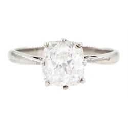 Early 20th century white gold and platinum single stone cushion cut diamond ring, stamped 18ct, diamond approx 1.85 carat