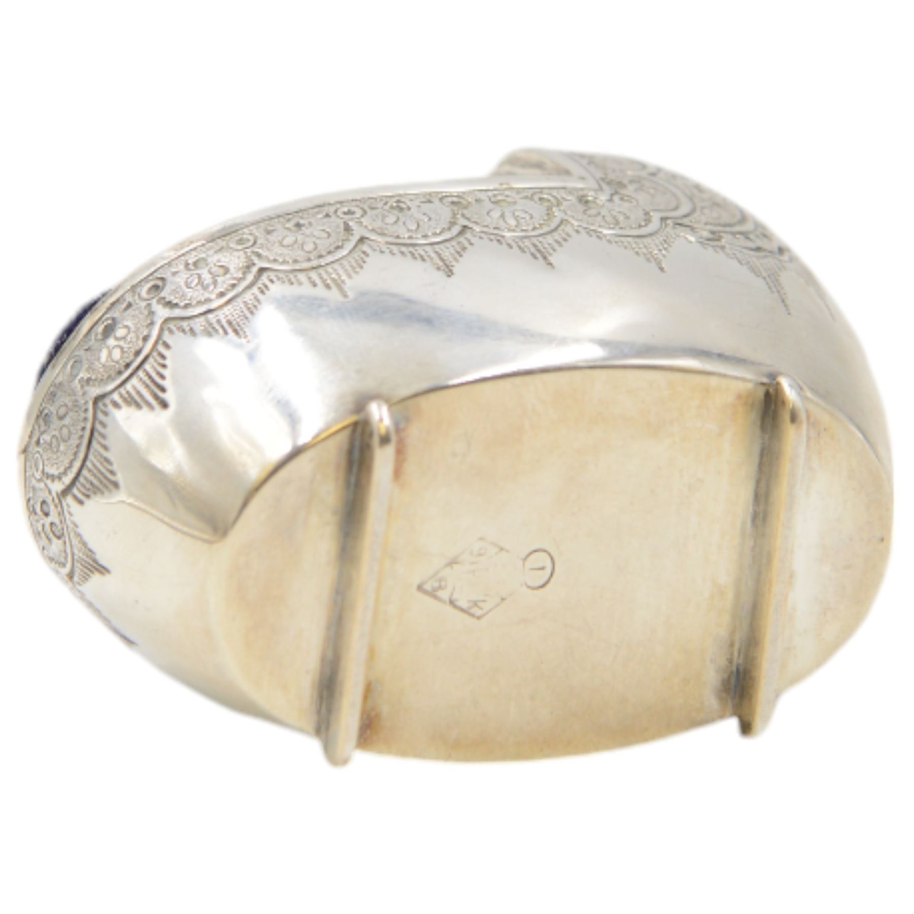 Victorian silver novelty pin cushion, in the form of a baby's crib, engraved with floral decoration, with blue velvet cushioned centre, hallmarked Horace Woodward & Co, Birmingham 1880, H4cm