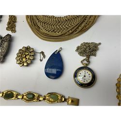 Collection of Victorian and later costume jewellery including pendants, bracelets, brooches, ring, cufflinks, two wristwatches, silver buckle and two  beaded clutch bags including one with peacock design and silk interior