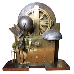 Late nineteenth century ebonised and gilt-bronze mounted musical longcase clock of impressive architectural form, the case of ebonised finish with applied gilt bronze neoclassical inspired masks and mounts, hood of arched form with glazed door, flanked by free fluted columns with gilt bronze Corinthian capitals surmounted by stylized Lion finials, frieze and arch enriched with applied foliate mounts, trunk with a rectangular glazed door bordered by mouldings and flanked by engaged columns with gilt bronze mounts above a shaped projecting base panel with applied central female mask and corner foliate ornamentation, arched brass dial, with a silvered chapter ring and applied cast gilt bronze spandrels and arch decoration, incorporating subsidiary selection dials for chime/silent and tune regulation, offering Cambridge chimes on eight bells and an additional chime sequence on ten bells, brass arch is further embellished with a moon phase aperture with lunar calendar scale, Zodiac symbols, month and date indication on a silvered dial, substantial eight-day, three-train movement with pinned cylinder musical train and a graduated nest of eleven bells with eleven hammers, quarter chiming with separate hour/half-hour strike and chime repetition, movement is regulated by an anchor escapement, with brass disc pendulum, three brass weights, two winding keys and case door key