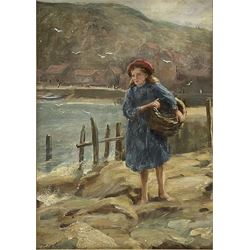 Percy Morton Teasdale (Staithes Group 1870-1961): Fishergirl at the foot of Cowbar Nab with Staithes in the background, oil on canvas board signed 33cm x 23cm
