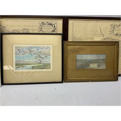 After Robert Morden (British 1650-1703): Three reproduction maps of Yorkshire and another after Richard Blome together with a vintage advertising poster and signed print of Robin Hood's Bay and three other prints max 38cm x 48cm (9)