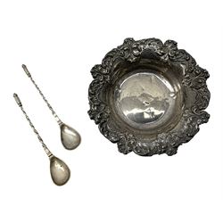 Small silver dish with repousse scrolling edge, stamped Sterling, together with a pair of Danish silver spoons, approximate total weight 61.4 grams