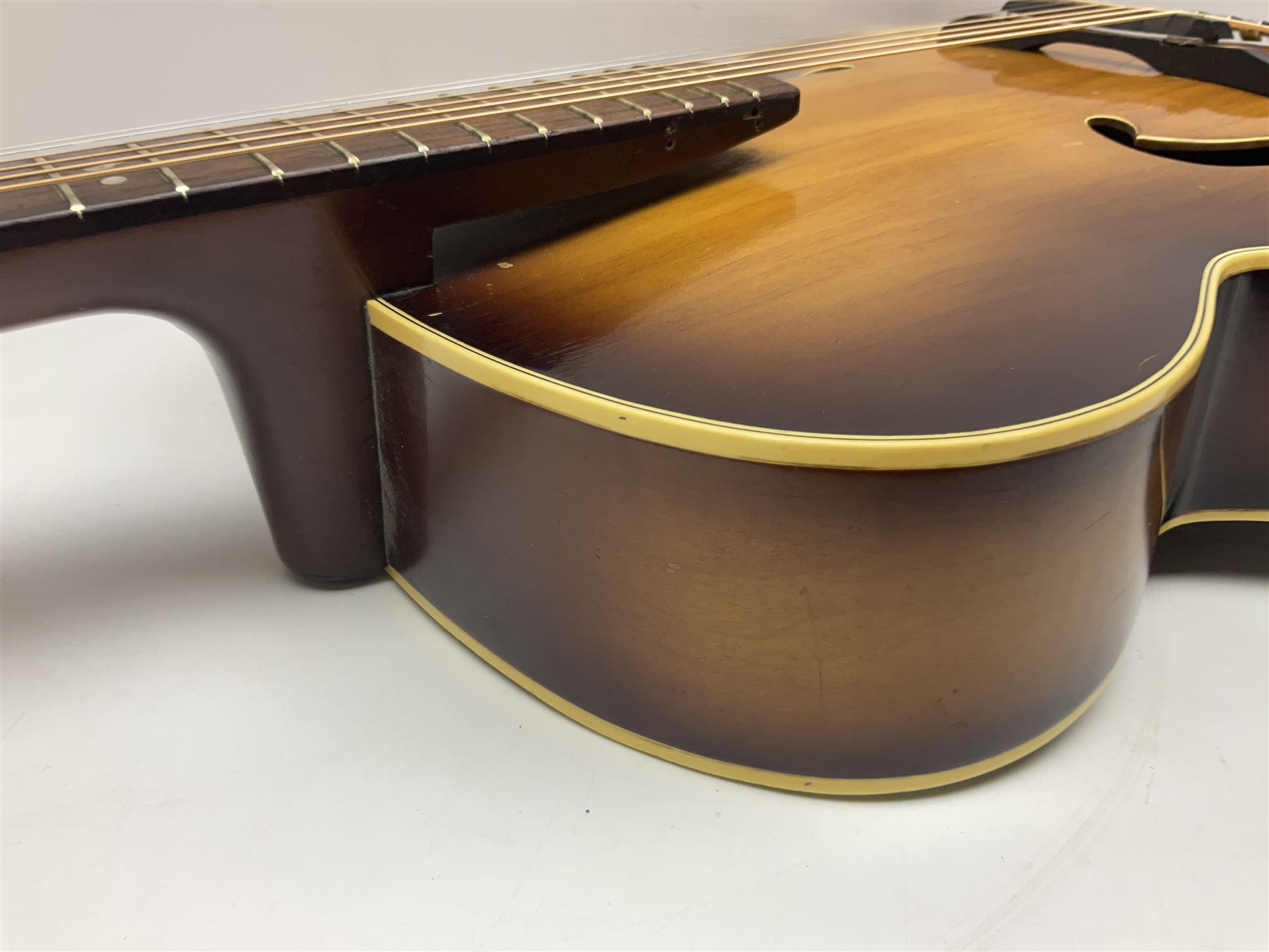 1958 Hofner Senator acoustic guitar with two-tone finish and Hofner label bearing serial no.5315, L104cm overall; in soft carrying case.