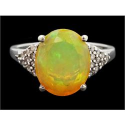 9ct white gold opal and cubic zirconia cluster ring, hallmarked 
