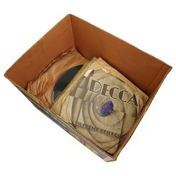 Columbia No.202 portable 'picnic' gramophone with integral winding handle and side carrying handle, L41cm; together with an Ormond art deco speaker and a quantity of mostly 78rpm records 