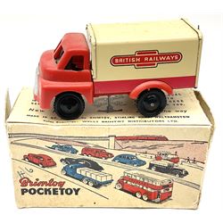 Wells Brimtoy/Pocketoy - eight tin-plate/clockwork or friction-drive vehicles comprising London Trolley Bus, two Double Decker buses, Tour Coach, Greenline Coach, open truck, boxed British railways van and Steam Roller; seven unboxed; and Pocketoy die-cast clockwork saloon car  (9)