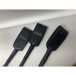 Collection of hunting crops and riding whips, including horn handle examples with silver cuffs