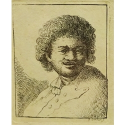 David Deuchar (Scottish 1743-1808): Bust Portrait of Rembrandt, dry point etching signed in the plate 6cm x 5cm