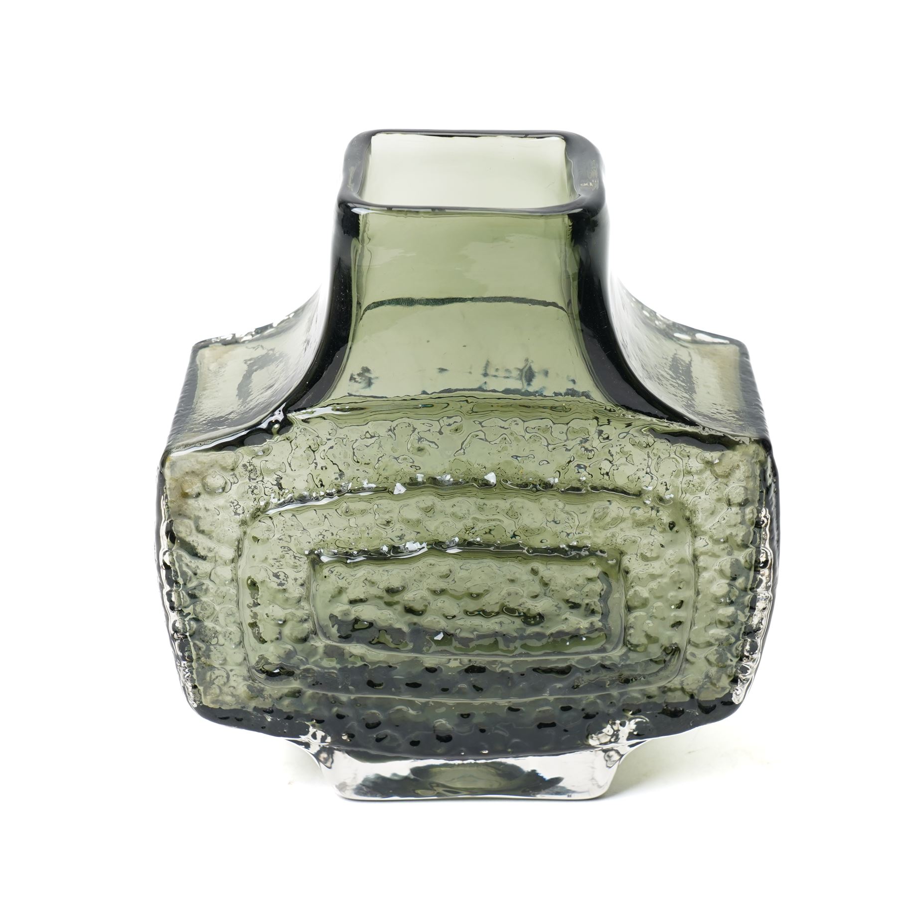 Whitefriars TV or Concentric Rectangle vase, designed by Geoffrey Baxter, textured effect in the willow colourway, shape number 9677, 17.5cm 