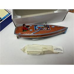 Schylling - six tinplate models comprising Sir Ian’s Bluebird racing car, Speedway Auto Racer, two Aluminium Airships, Tin Speedboat and Ernest in the Music Box; all in original boxes 