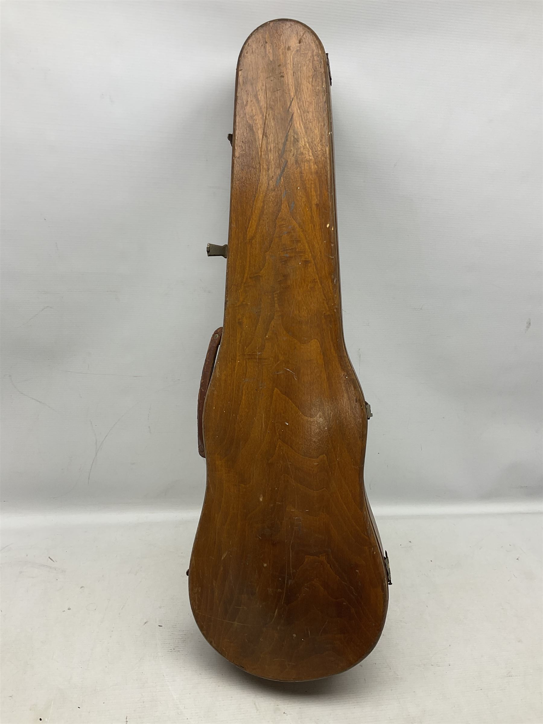 Mid-19th century German violin with 36cm two-piece maple back and ribs and spruce top, bears label 'Riccardo Antoniazzi Cremonese fece in Milano l'anno 1896' L59.5cm overall; in walnut case with two part bows