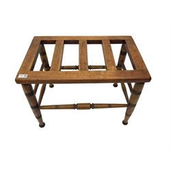 20th century beech luggage stand, on turned supports, with removal shelf