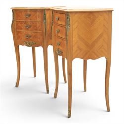 Louis XV style pair of kingwood bedside chests, each of serpentine outline with three parquetry drawers, gilt metal mounts and handles, raised on slender cabriole legs