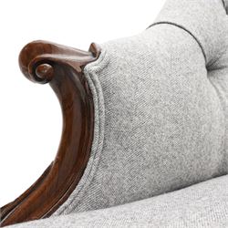 Victorian rosewood framed chaise longue, shaped back upholstered in buttoned herringbone fabric over serpentine fronted seat, scrolled cabriole arm terminals and supports terminating to ceramic castors 