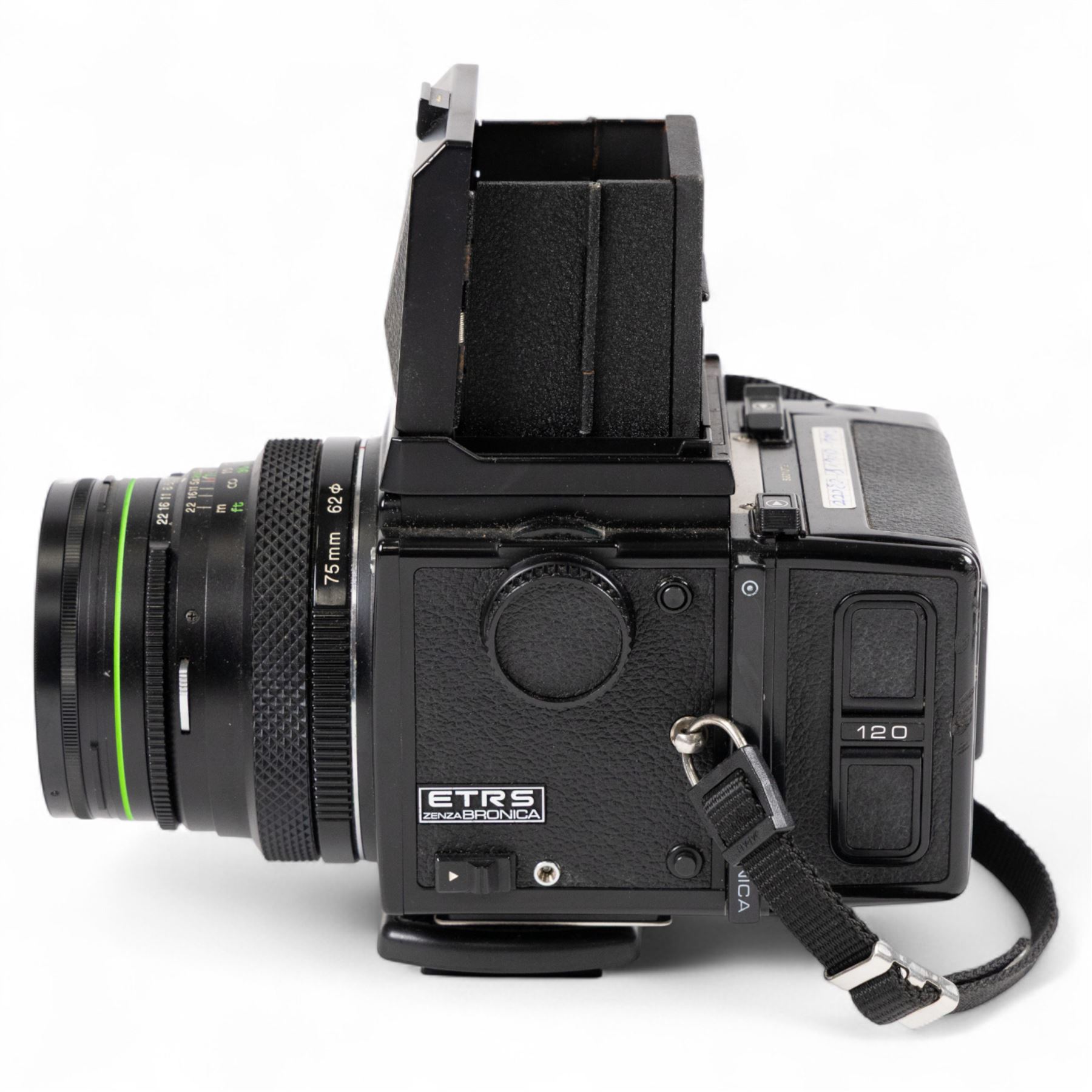 Zenza Bronica ETRS medium format camera, serial no. 8301079, with Zenza Bronica Zenzanon EII 1:2.8 f=75mm lens with lens cap, serial no. 7955198 and two film backs and instruction booklet