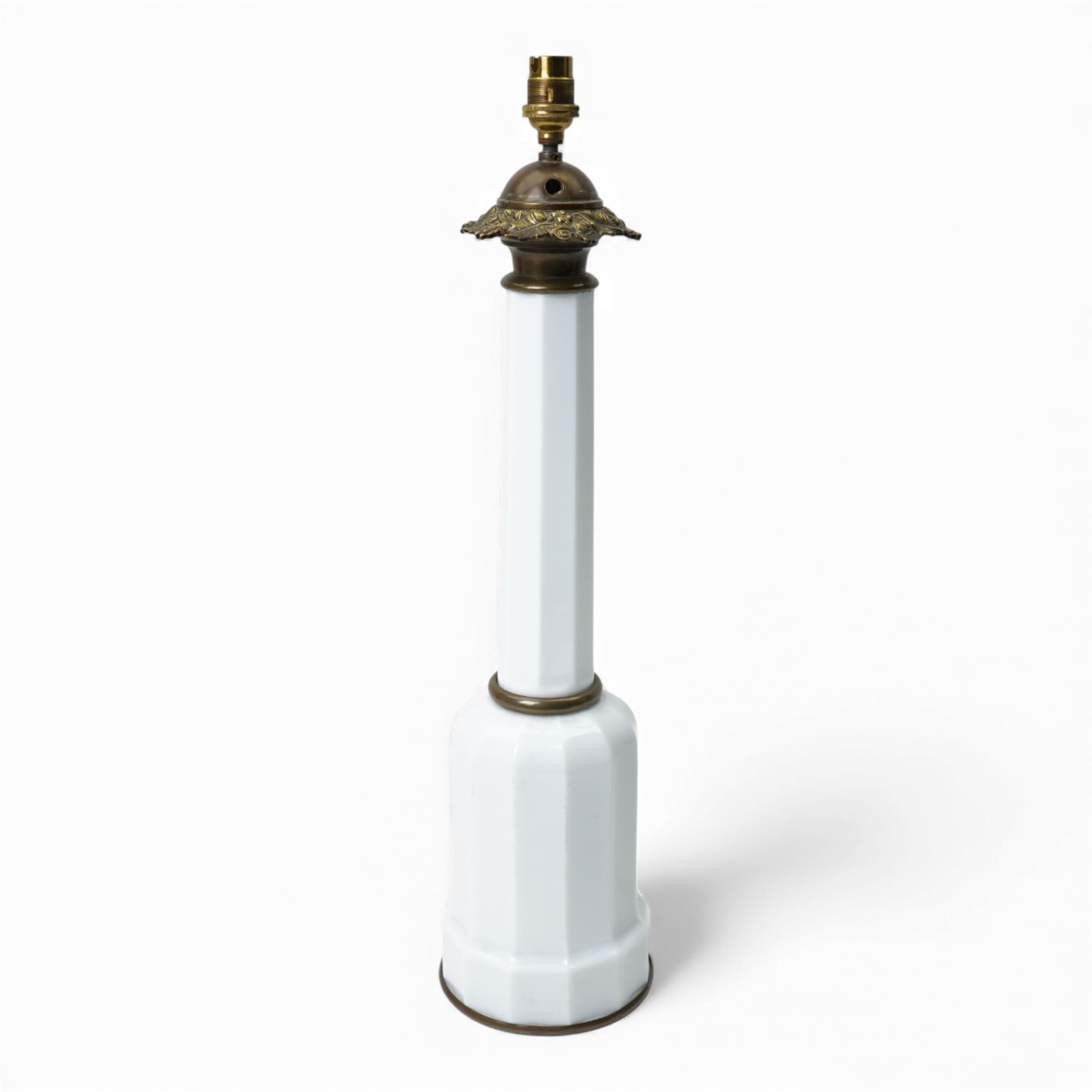 19th century Bohemian white glass table lamp of facetted mallet form with brass mounts H53cm excluding bulb holder