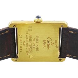 Must de Cartier Tank silver-gilt quartz wristwatch, Ref. 1615, cream dial with Roman numeral hour markers, hallmarked, on leather strap, with Cartier stainless steel fold-over clasp, boxed