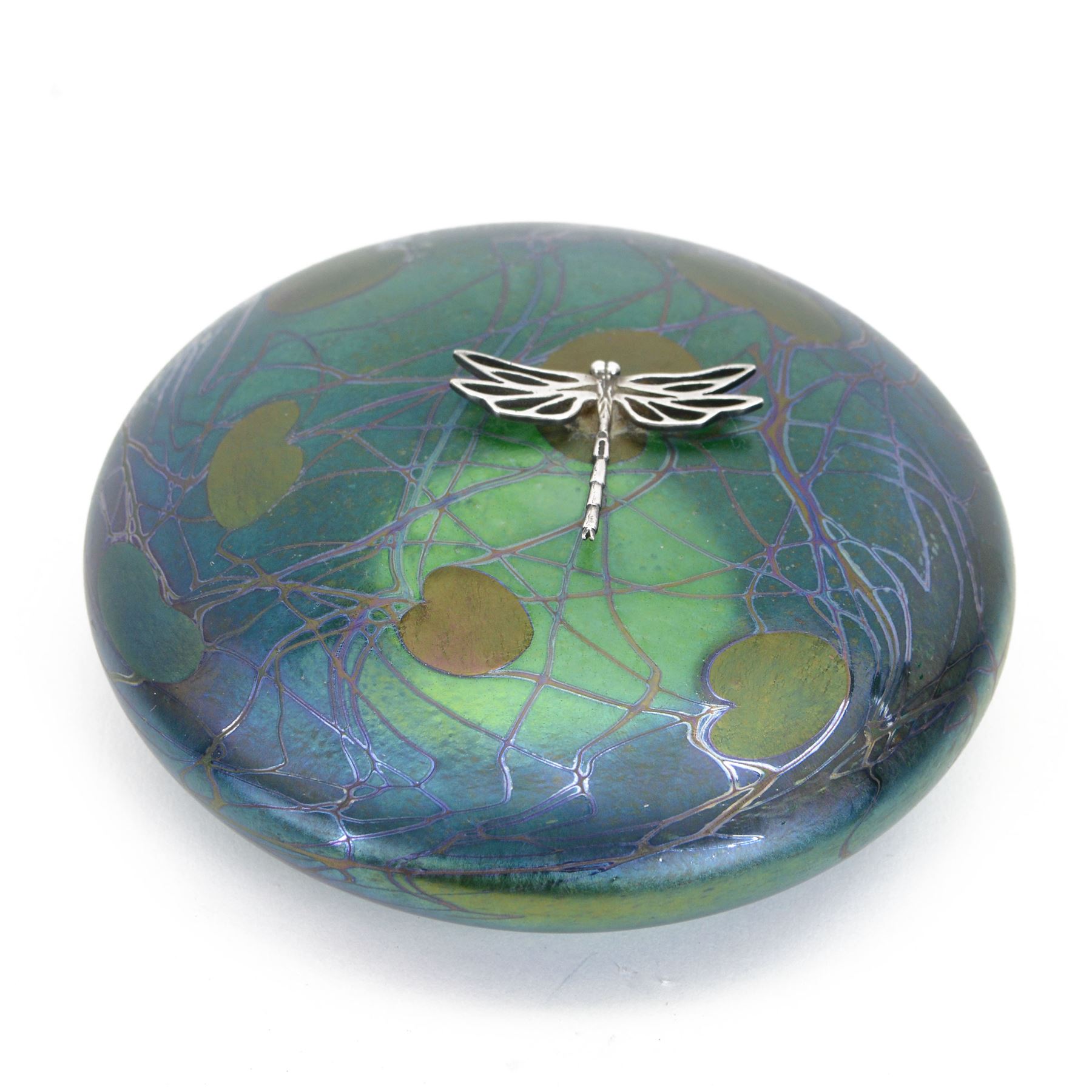 John Ditchfield for Glasform disc paperweight in iridescent blue with green lilies and silver hallmarked dragonfly to top, D12cm