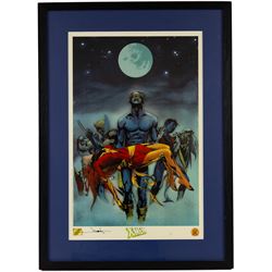 Four limited edition Dynamic Forces Marvel prints, comprising Universe X Premiere lithograph remarked and signed by artist Alex Cross limited no. 21/99, X-Men Death of Phoenix signed by artist Jae Lee, limited no. 7/1980, both with certificate of authenticity and two unsigned prints The Punisher and The Xmen, largest H67cm, W38cm (4)