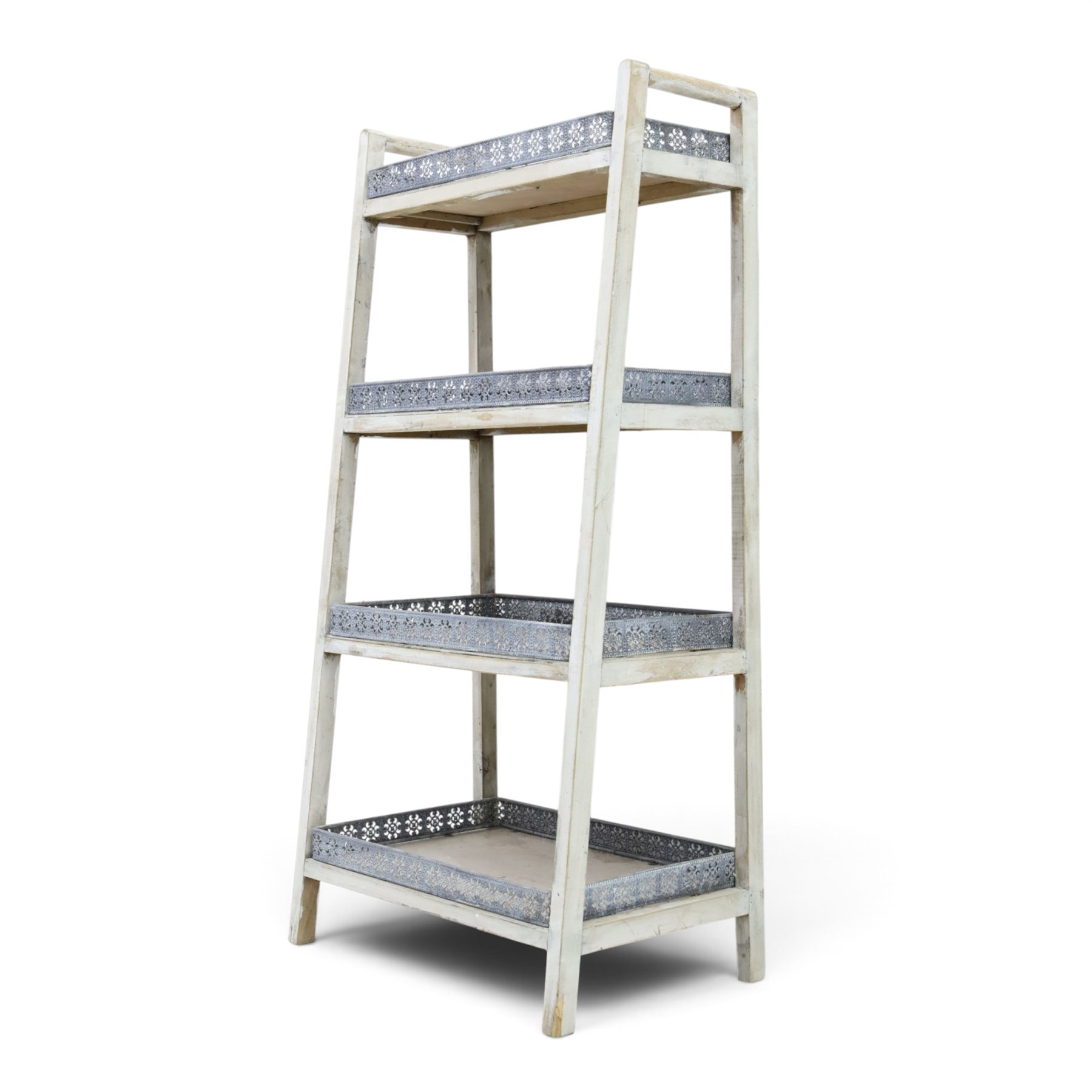 OKA style four tiered waterfall bookshelf, painted woodened frame with pierced wrought metal gallery