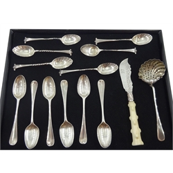 Set of six George II silver teaspoons by Ebenezer Coker, Edwardian silver spoon strainer, Chester 1907, silver fish knife with ivory handle by George Unite, Birmingham 1869 and a set of six teaspoons, hallmarked   