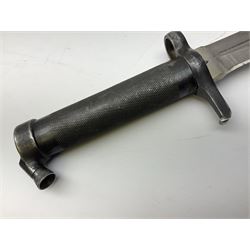 German-made 1908 pattern bayonet by Weyersberg, Kirschbaum & Co, Solingen as used by the Brazilian Army, with 30cm fullered steel blade and hooked quillon numbered 107011 L43cm overall; and Swedish Carl Gustav M1896 Mauser knife bayonet with 21cm steel blade and machined steel grip; in metal scabbard, both numbered 299 L35cm overall (2)