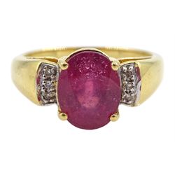18ct gold oval ruby ring, with diamond set shoulders, hallmarked, ruby approx 2.90 carat