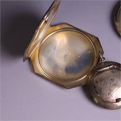 Two silver powder compacts, including octagonal example with Curriers Company engraving, Deakin & Francis Ltd, Birmingham 1948, 1930s circular compact with engine turned decoration, hallmarked Turner & Simpson Ltd, Birmingham 1936 and a silver pill box engraved with name