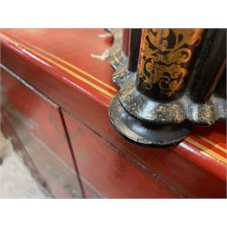 Victorian black lacquered papier-mâché sewing box, of rectangular form with shaped sides, the slightly domed top with inlaid mother of pearl and abalone decoration, the sides with gilt and polychrome painted scrollwork, the hinged cover opening to reveal a fitted interior with lift out tray, H14cm