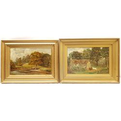 Thos? Hill (19th/20th century): Landscape scenes, pair oils on board indistinctly signed 19cm x 30cm (2)
