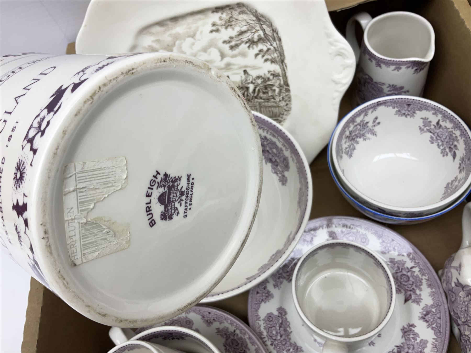 Shelley bowl, TG Green measuring jug, Villeroy & Boch sauce boat and stand, Burleigh Asiatic Pheasants plum cow creamer, cylindrical vase, mugs, bowls, jug etc, Spode 'Full Cry' The Hunt plate, Spode Ladybird mugs, Portmeirion, Meakin, Carlton China, teawares, ceramics etc