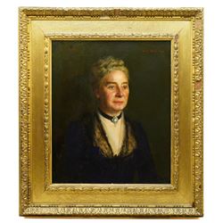 Henry Scott Tuke RA, RWS, NEAC (British 1858-1929): Portrait of Laura Julia Johanna Lawrence - Wife of Nathaniel Lawrence -  Daughter of the Rt. Hon. Sir James Bacon, half-length wearing an elegant black dress, oil on canvas signed and dated 1892 titled with initials LL 60cm x 50cm
Notes: The sitter was born 1833 and died 1917 according to a label to reverse