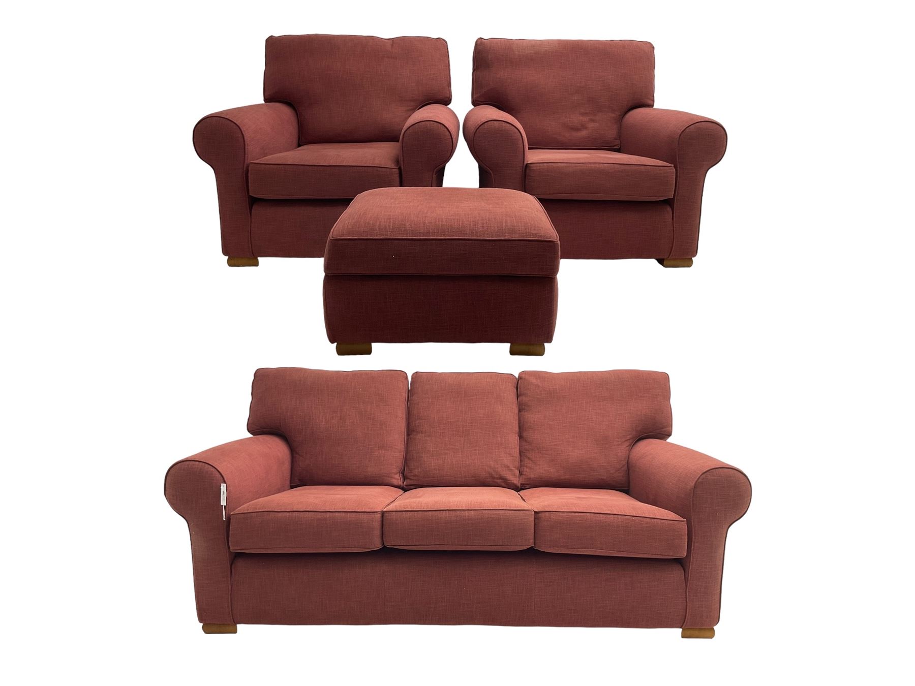 Multiyork - traditional three seat sofa upholstered in claret red fabric (W200cm H80cm); and pair matching armchairs (W103cm) 
