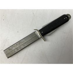 Royal Air Force aircrew survival knife with 10cm Bowie style steel blade marked 'Joseph Rodgers Sheffield England 22C/1996', black grips with twin-sided locking mechanism and lanyard hole to cross-piece; steel scabbard marked 22C/2202 L23cm overall (with photocopies of modern reference material)