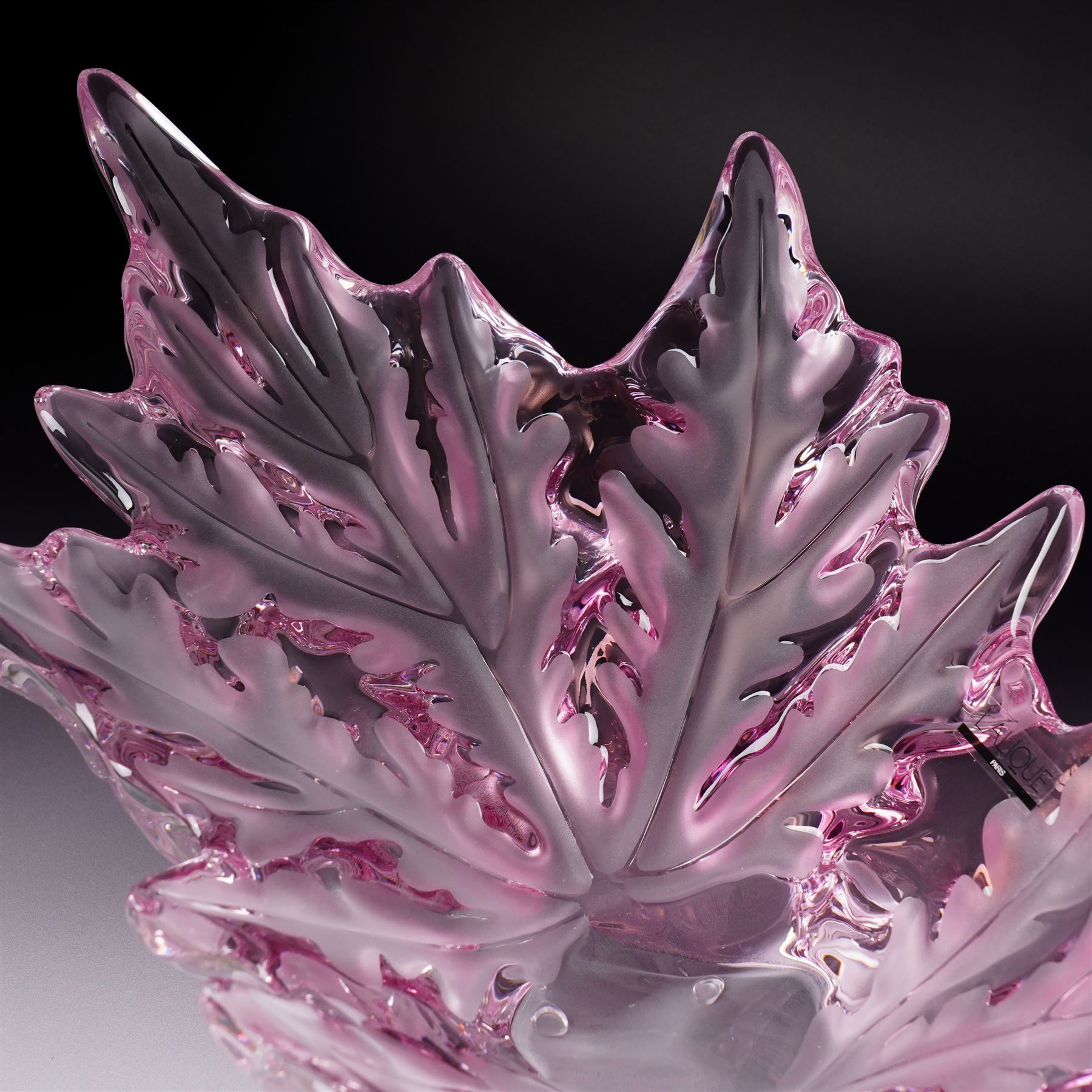 Lalique Champs-Elysees pattern clear and frosted pink glass bowl designed by Marc Lalique and modelled as leaves, signed 'Lalique France' L47cm in original Lalique pink box with guarantee etc
