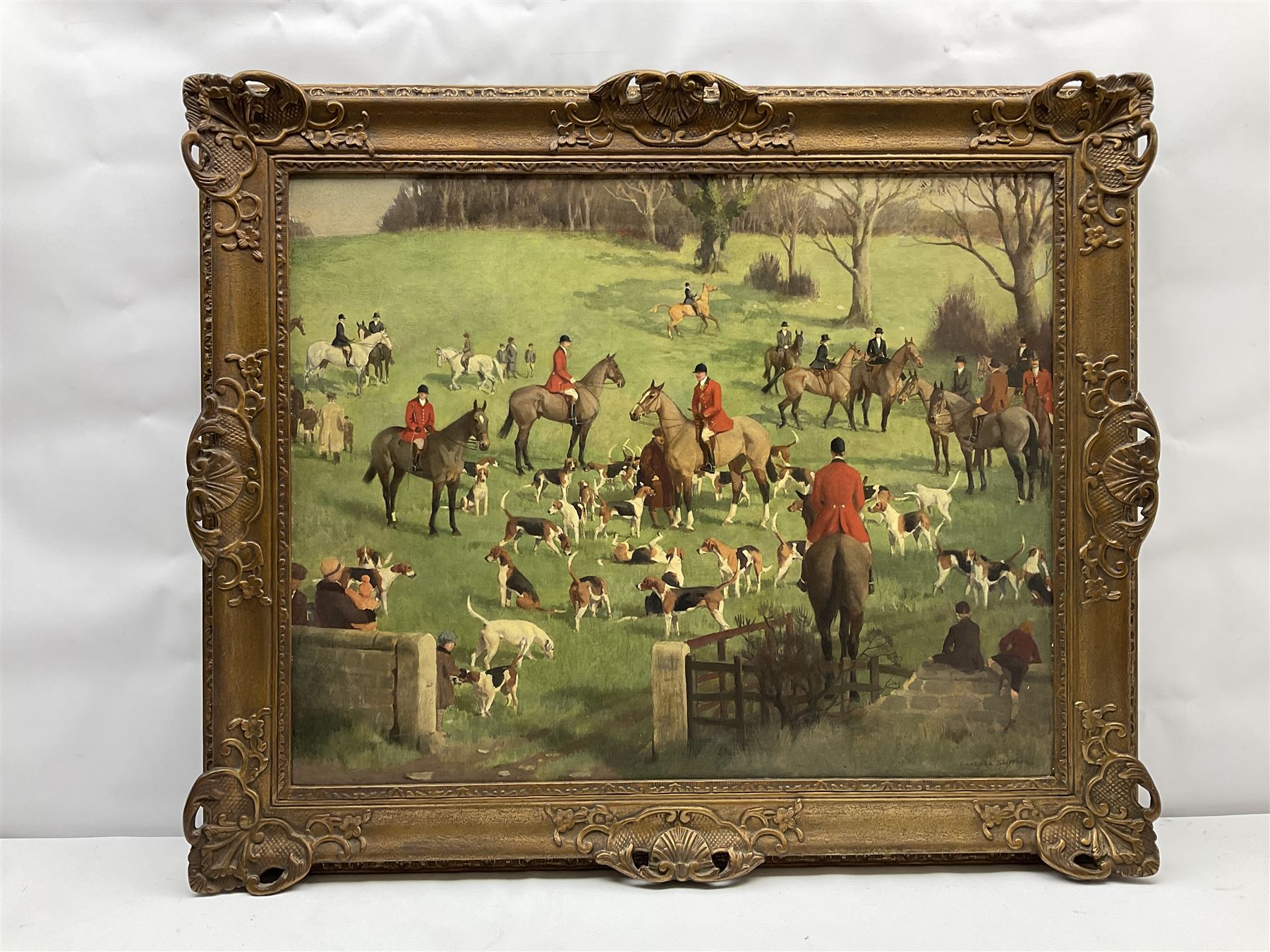 Eleanor Barbara Georgina Shiffner (British 1896-1982): The Meet, oil on canvas signed 60cm x 75cm
Notes: animal, landscape and portrait artist born at Rossington, Yorkshire. Studied Byam Shaw School and RA Schools