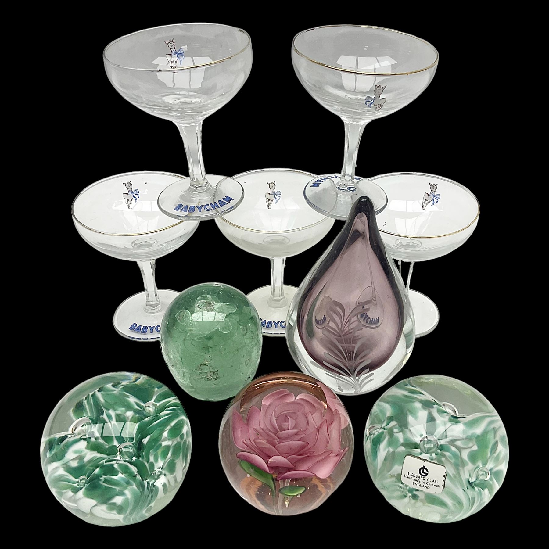 Five Babycham glasses, together with five paperweights, to include examples from Liskeard glass etc