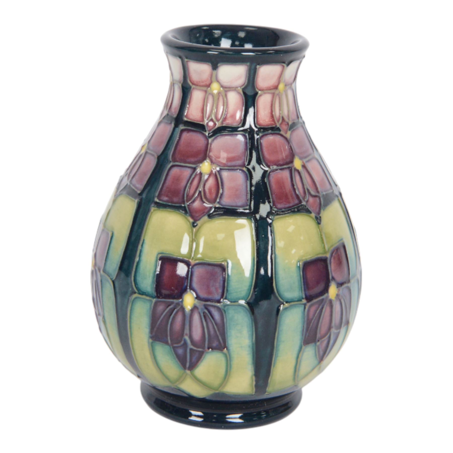 Two Moorcroft vases, in violets pattern, with original boxes, bud vase H17cm