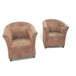 Pair tub shaped chairs upholstered in brown fabric, square tapering supports, W75cm    