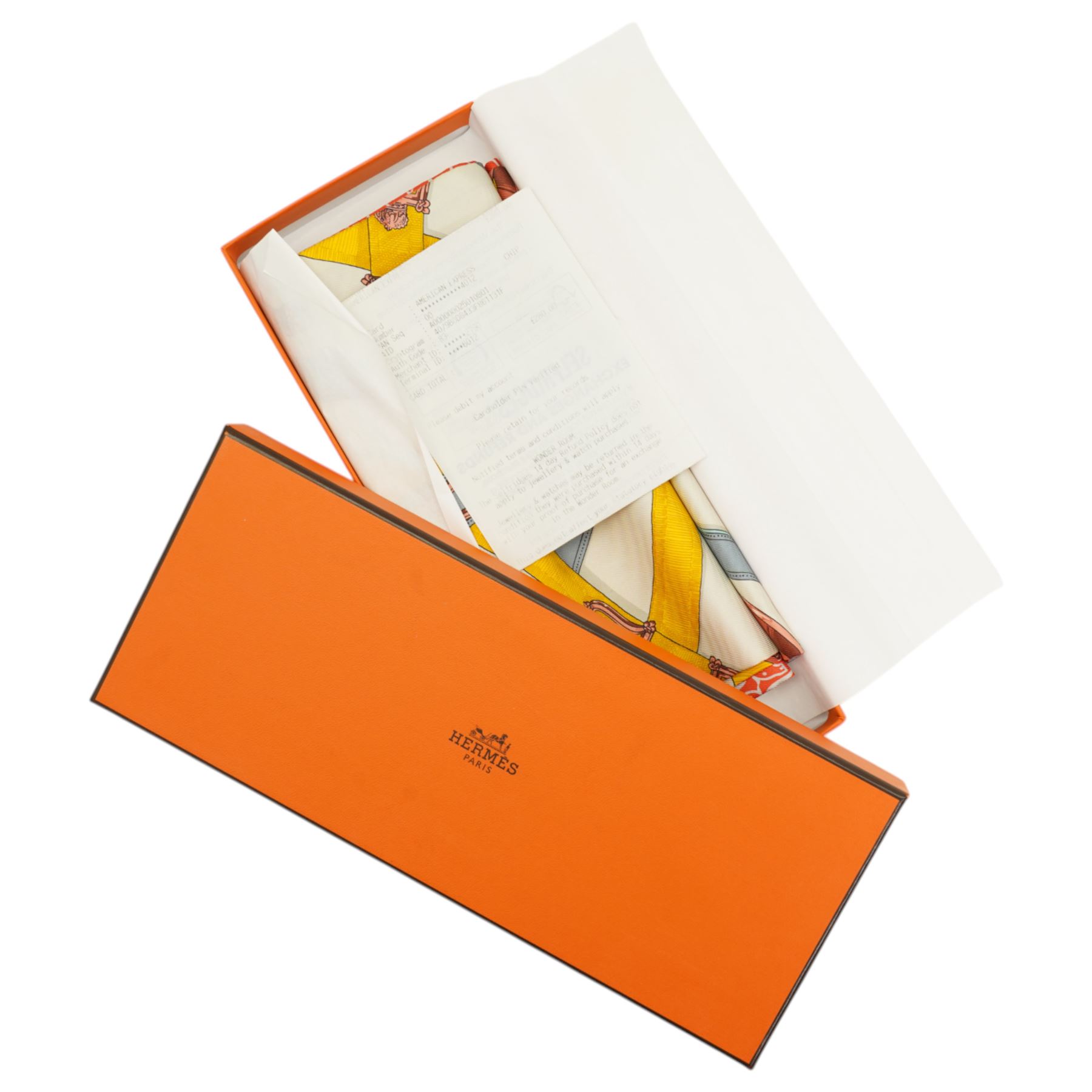 Hermes 'Cavalcadour' maxi twilly silk scarf, in pink yellow and blue colourway, designed by Henri d'Origny, 156cm x 20cm, in original Hermes box
