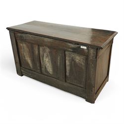 18th century oak blanket chest, chamfered rectangular hinged top over panelled front and sides, decorated with applied mouldings, on stile supports