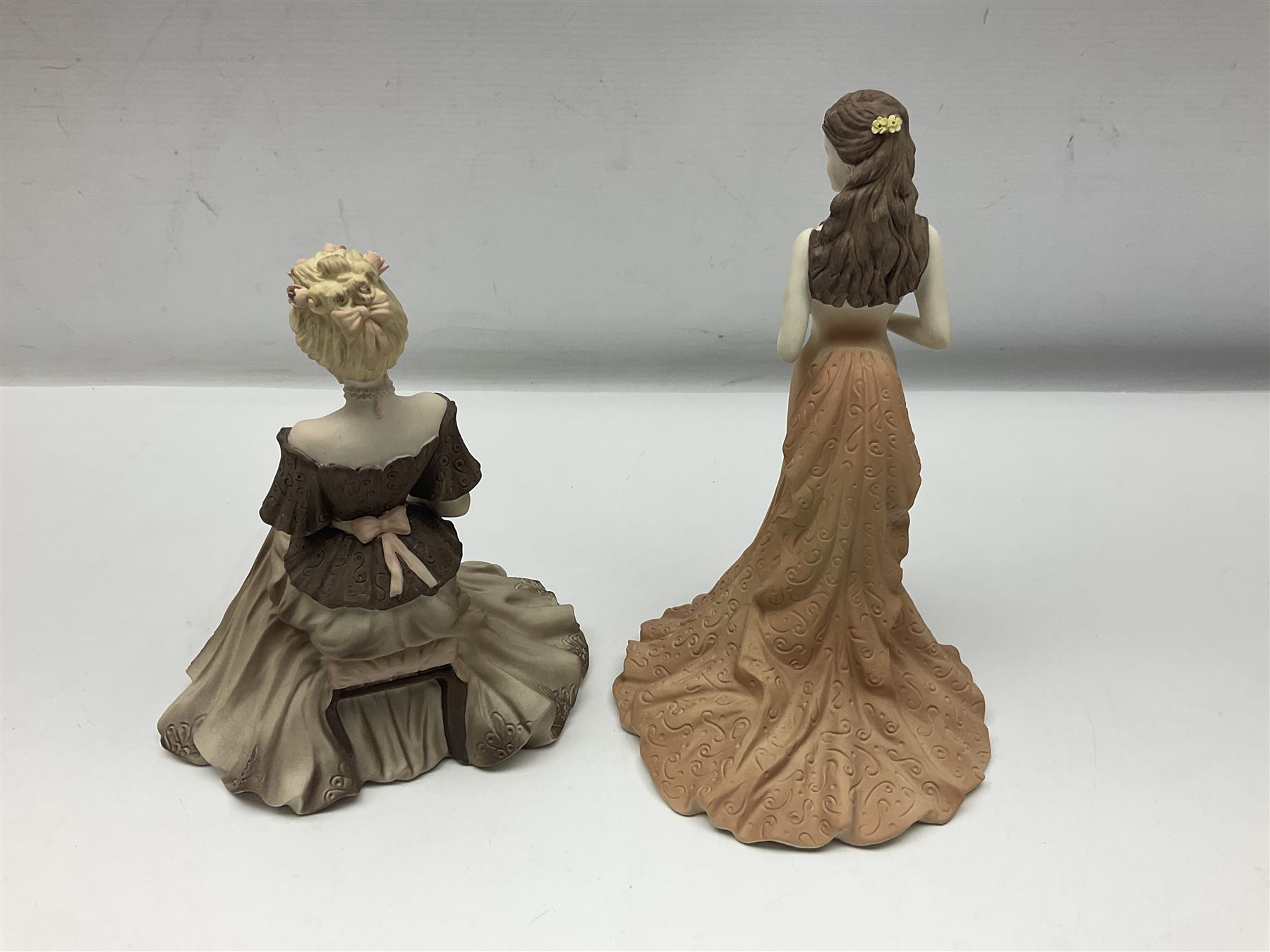 Eight Coalport figures of ladies, comprising five Age of Elegance examples to include Richmond Park, Summer Saunter and Touch of Spring, together with Beau Monde Isobel 1998, Valentine Debutante Eternity and Devotion