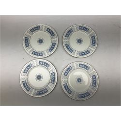 Coalport Revelry pattern tea and dinner wares, comprising nine dinner plates, four salad plates, eleven side plates, sauce boat and stand, ten teacups and ten saucers, and preserve pot and cover, together with a Coalport plate of shaped form decorated with pink roses, and a Royal Crown Derby Royal Antoinette pattern trio