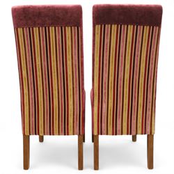 Willis & Gambier - mahogany extending dining table, rectangular top with rounded corners on cabriole legs, with two 35cm extension leaves, four Willis & Gambier upholstered high back chairs and four mahogany chairs, upholstered in a stripped multi-coloured velvet fabric, with scroll-shaped top rail, lyre-shaped back splat on cabriole legs, chairs W46xD91x97cm (11) 